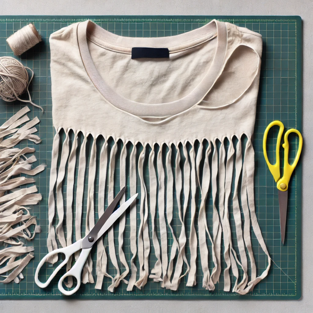 Découpe des franges en bas du t-shirt